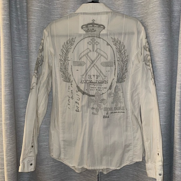 Guess Men’s White and gray button down shirt. Size Medium - Picture 2 of 4